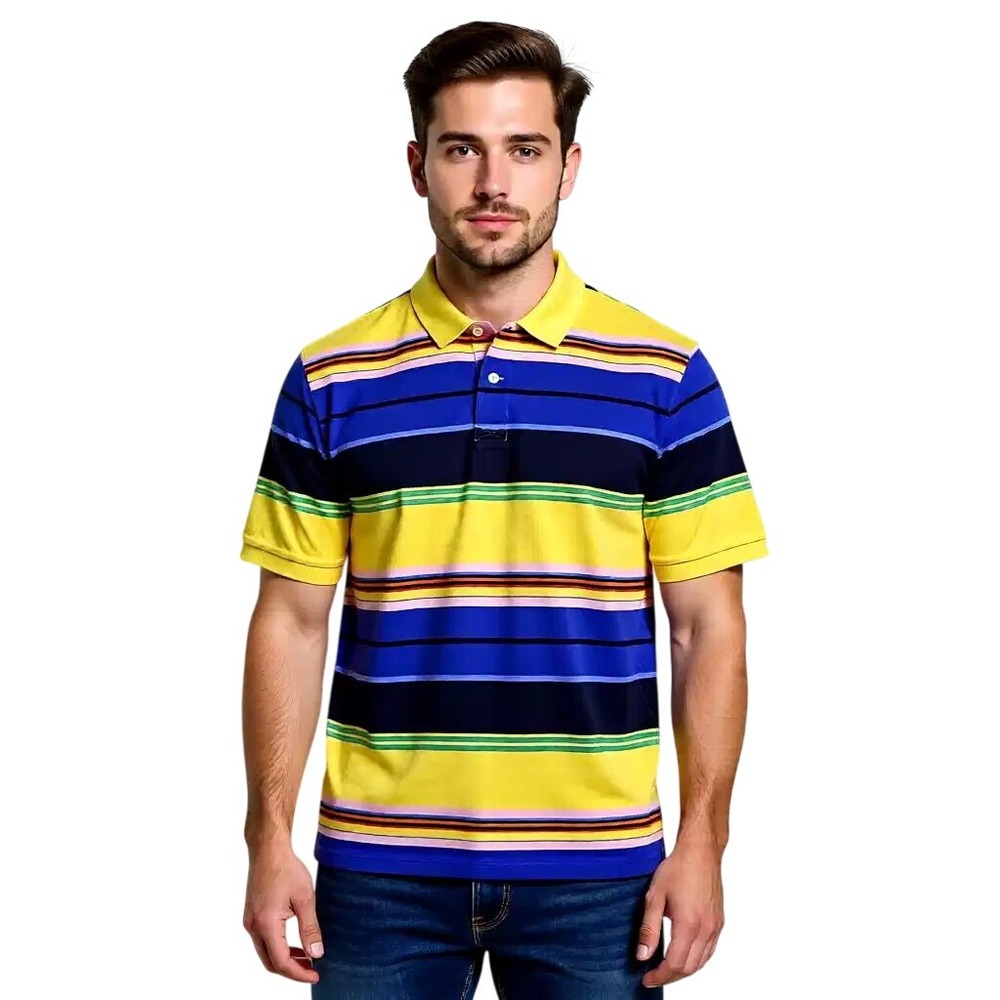 American Living Mens Yellow Blue Stripe Short Sleeve Polo Shirt LG NWT